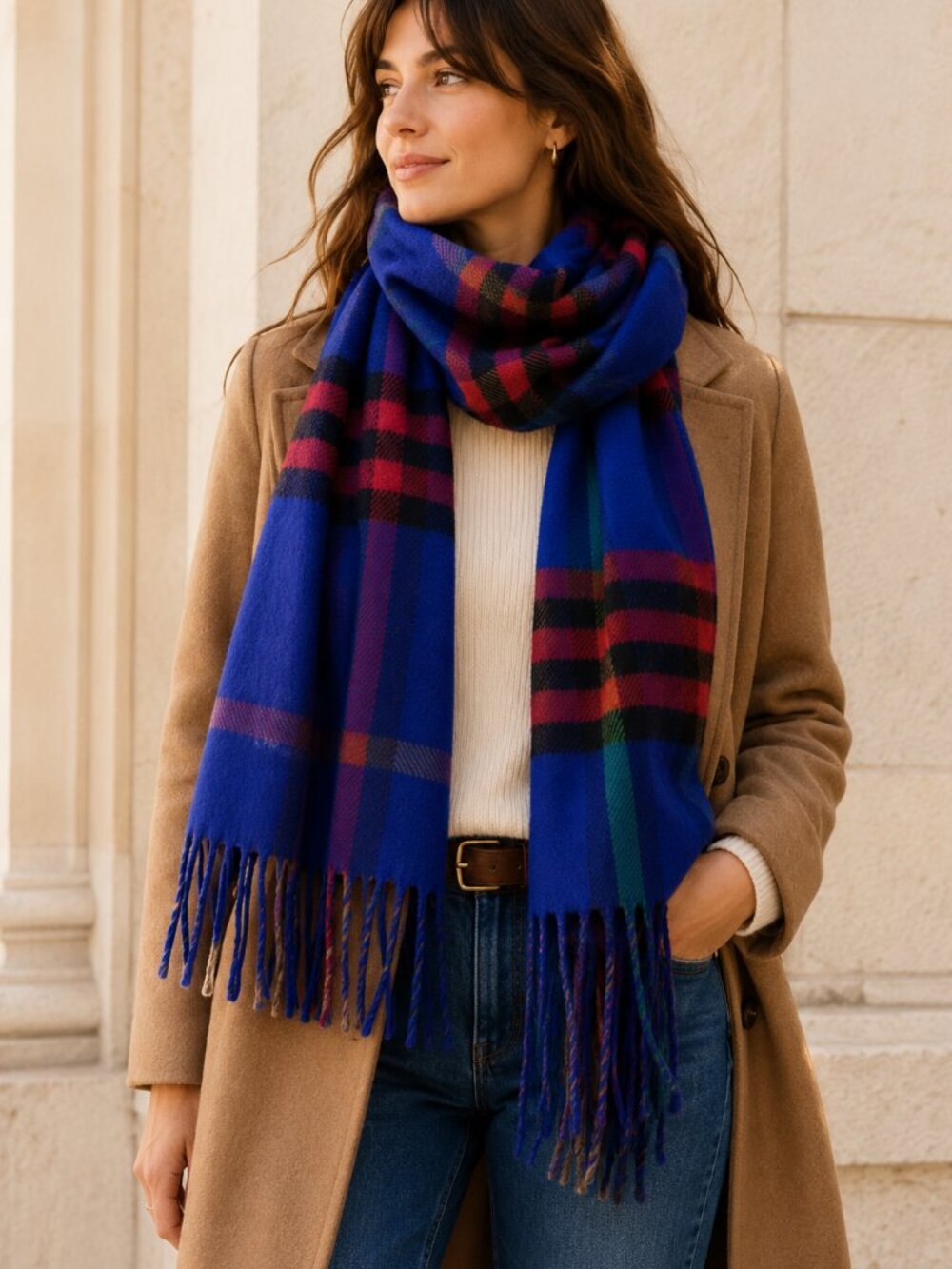 Womens Plaid Scarf Blue Red Tartan Classic Fringe Wrap Preppy Cozy Wintercore